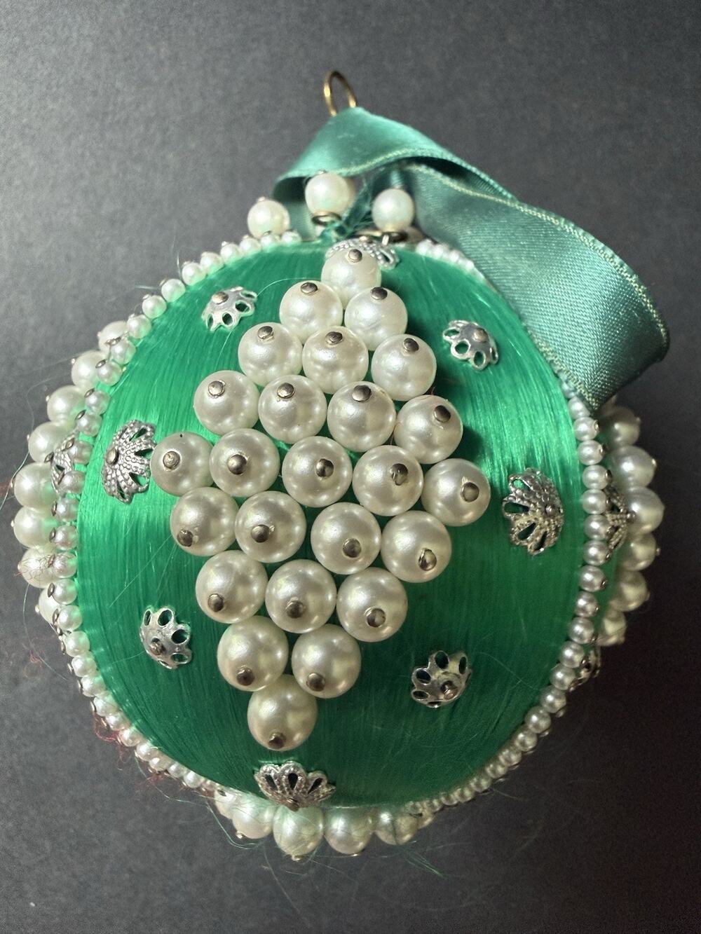 Vintage Handmade Jeweled Beaded Push Pin Green Victorian Christmas Ornament